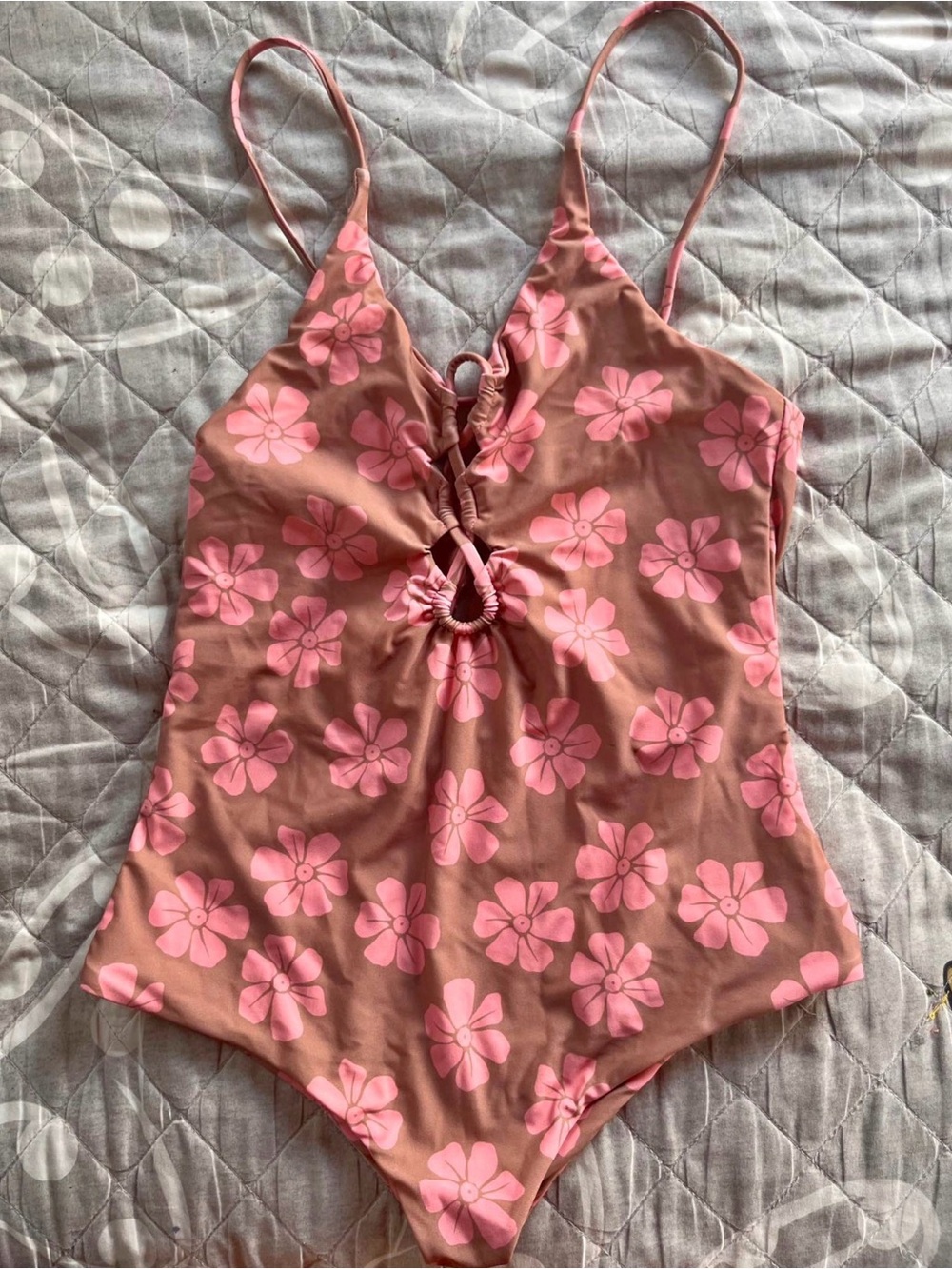 Pink Floral One-Piece Swimsuit with Ring Front Detail